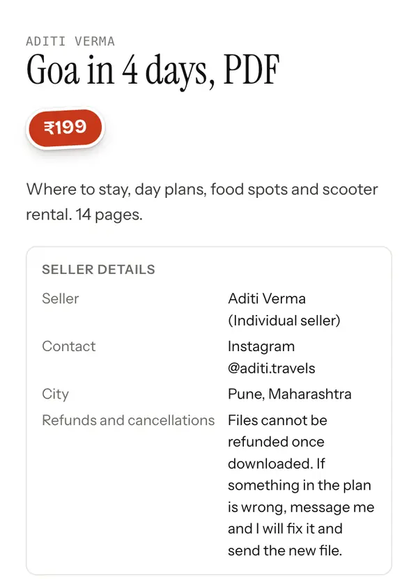 The checkout for Goa in 4 days, PDF at 199 rupees, with seller details, refund terms and the buyer form