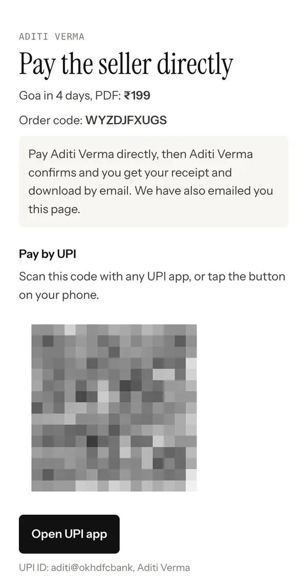 The pay the seller page with the amount, the order code, a UPI QR code and an Open UPI app button