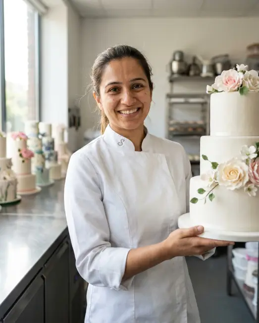 A home baker finishing a cream cake in her kitchen
