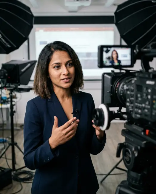 A course creator recording a lesson to a camera at her desk