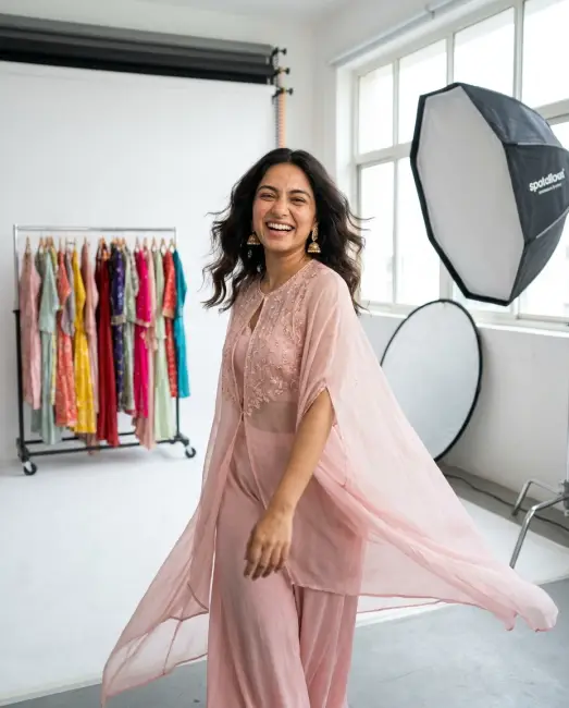A fashion creator styling an outfit in front of a mirror with a phone on a tripod