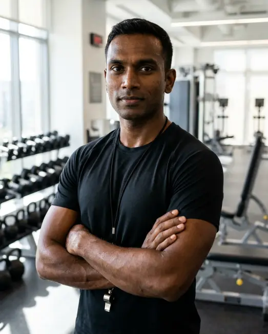 A fitness trainer coaching a client through a dumbbell row in a gym