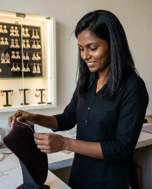 A jewellery maker checking a silver jhumka with a loupe at her workbench