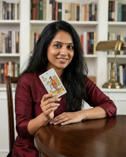 A tarot reader laying out cards at a small table in lamp light
